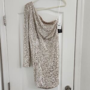 Nicole Bakti Designer One Sleeve Open Back Silver Sequin Mini Gown Size L